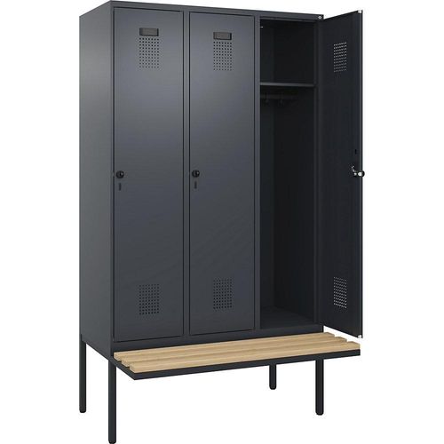 4068192200918 - Spind Evolo PLUS Sitzbank 3 Abteile grau B 1200 mm Sicherheits-Drehriegel mit auskragender Sitzbank Buche kaiserkraft