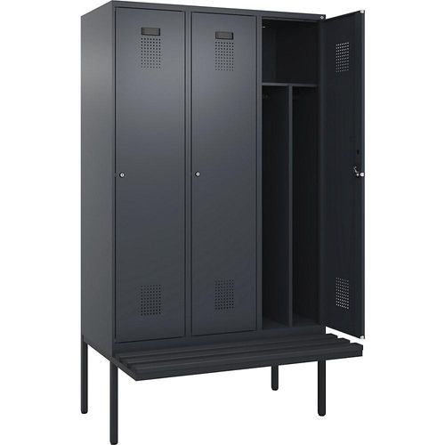 4068192399568 - Schwarz-Weiß-Spind Evolo PLUS Sitzbank schmal 3 Abteile Trennwand verkürzt grau B 1200 mm Zylinderschloss mit auskragender Sitzbank Kunststoff kaiserkraft