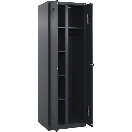 4067521944462 - Putzmittelspind Evolo PLUS 1 Abteil Trennwand mittig grau B 600 mm mit Bodengleitern Sicherheits-Drehriegel kaiserkraft