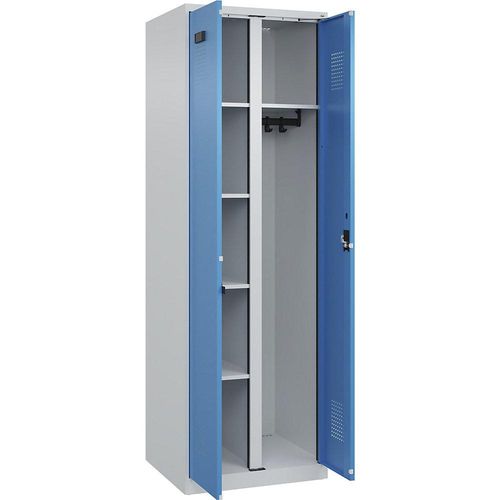 4067521976043 - Putzmittelspind Evolo PLUS 1 Abteil Trennwand mittig lichtgrau   lichtblau B 600 mm mit Bodengleitern Zylinderschloss kaiserkraft
