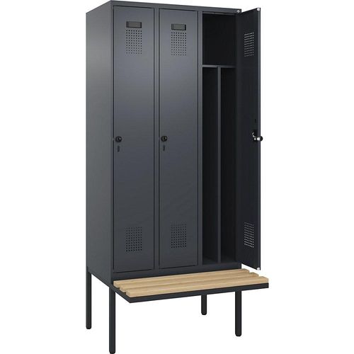 4068192201083 - Schwarz-Weiß-Spind Evolo PLUS Sitzbank schmal 3 Abteile Trennwand verkürzt grau B 900 mm Sicherheits-Drehriegel mit auskragender Sitzbank Buche kaiserkraft