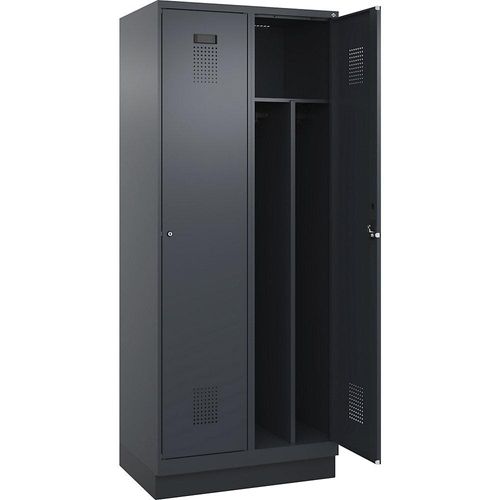 4067521993606 - Schwarz-Weiß-Spind Evolo PLUS schmal 2 Abteile Trennwand verkürzt grau B 800 mm mit Bodensockel Zylinderschloss kaiserkraft