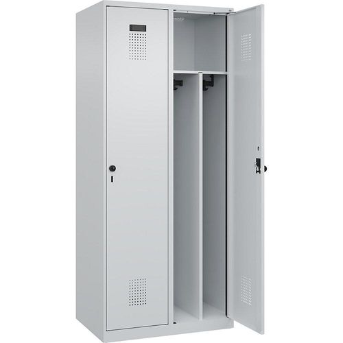 4067521939901 - Schwarz-Weiß-Spind Evolo PLUS schmal 2 Abteile Trennwand verkürzt lichtgrau B 800 mm mit Bodengleitern Sicherheits-Drehriegel kaiserkraft 4067521939901 - Schwarz-Weiß-Spind Evolo PLUS schmal 2 Abteile Trennwand verkürzt lichtgrau B 800 mm mit Bodengleitern Sicherheits-Drehriegel kaiserkraft
