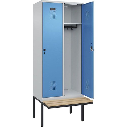 4068192157168 - Spind Evolo PLUS Sitzbank 2 Abteile lichtgrau   lichtblau B 800 mm Sicherheits-Drehriegel mit auskragender Sitzbank Buche kaiserkraft