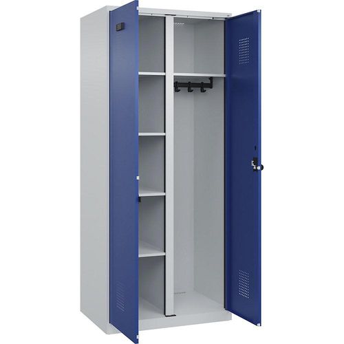 4067521932742 - Putzmittelspind Evolo PLUS 1 Abteil Trennwand mittig lichtgrau   enzianblau B 800 mm mit Bodengleitern Sicherheits-Drehriegel kaiserkraft