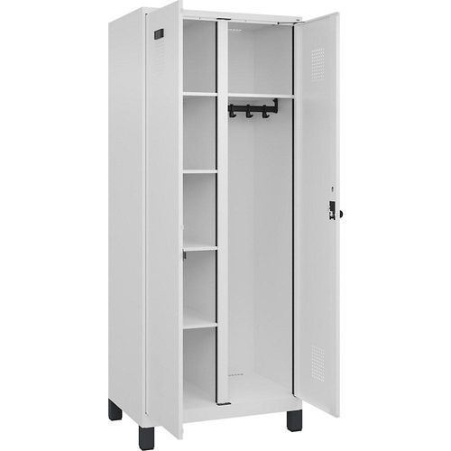 4067521949139 - Putzmittelspind Evolo PLUS 1 Abteil Trennwand mittig weiß B 800 mm mit breiten Füßen Sicherheits-Drehriegel kaiserkraft