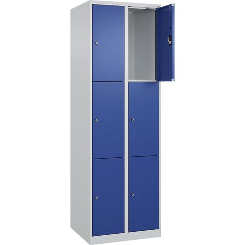 4068192002765 - 3er-Schließfachschrank Evolo PLUS 2 Abteile lichtgrau   enzianblau B 600 mm 6 Fächer mit Bodengleitern Zylinderschloss kaiserkraft