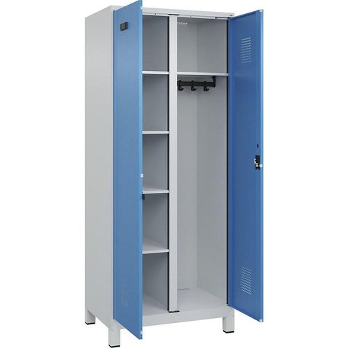 4067521976074 - Putzmittelspind Evolo PLUS 1 Abteil Trennwand mittig lichtgrau   lichtblau B 800 mm mit breiten Füßen Zylinderschloss kaiserkraft