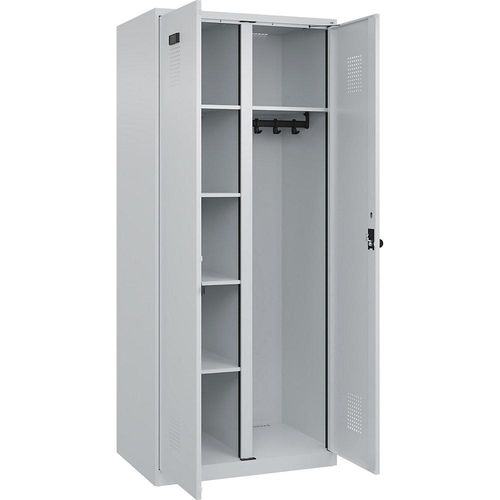 4067521940990 - Putzmittelspind Evolo PLUS 1 Abteil Trennwand mittig lichtgrau B 800 mm mit Bodengleitern Sicherheits-Drehriegel kaiserkraft