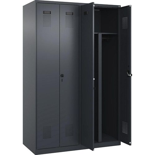 4067521943618 - Schwarz-Weiß-Spind Evolo PLUS 2 Abteile Trennwand verkürzt grau B 1200 mm mit Bodengleitern Sicherheits-Drehriegel kaiserkraft