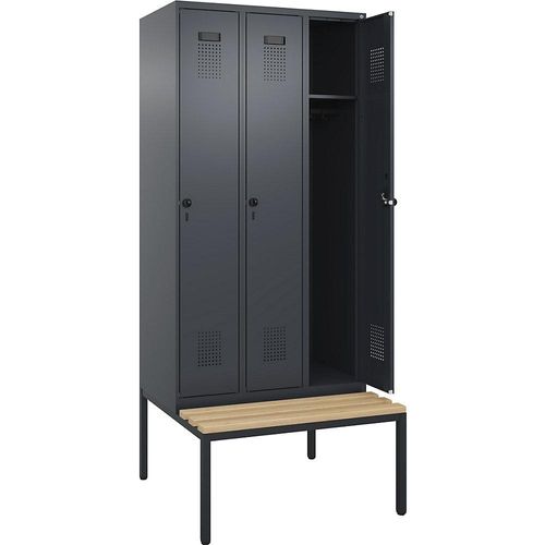4068192200420 - Spind Evolo PLUS Sitzbank 3 Abteile grau B 900 mm Sicherheits-Drehriegel mit untergebauter Sitzbank Buche kaiserkraft