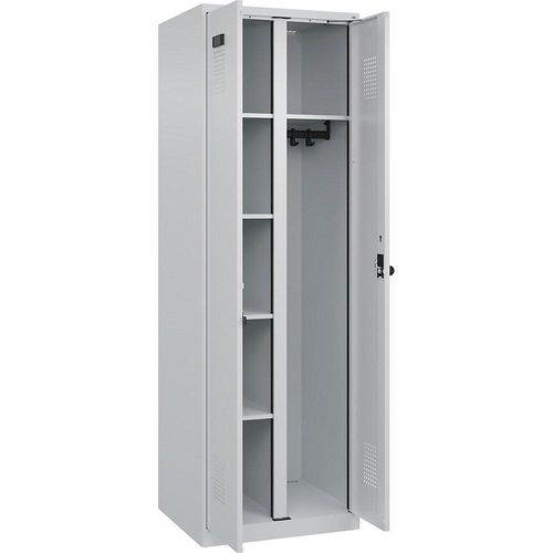 4067521940983 - Putzmittelspind Evolo PLUS 1 Abteil Trennwand mittig lichtgrau B 600 mm mit Bodengleitern Sicherheits-Drehriegel kaiserkraft