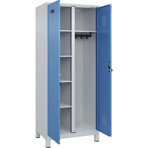 4067521933930 - Putzmittelspind Evolo PLUS 1 Abteil Trennwand mittig lichtgrau   lichtblau B 800 mm mit breiten Füßen Sicherheits-Drehriegel kaiserkraft