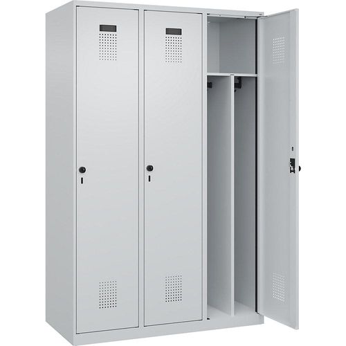 4067521939949 - Schwarz-Weiß-Spind Evolo PLUS schmal 3 Abteile Trennwand verkürzt lichtgrau B 1200 mm mit Bodengleitern Sicherheits-Drehriegel kaiserkraft