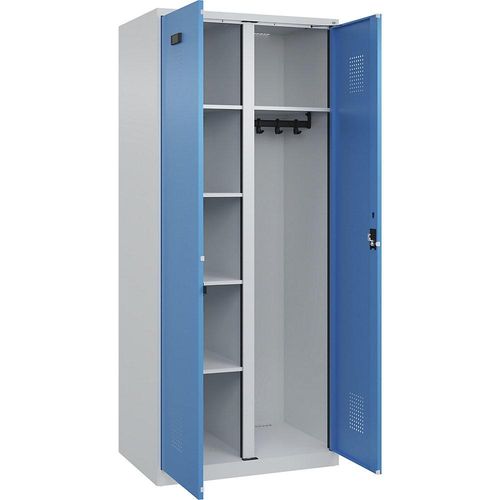 4067521976050 - Putzmittelspind Evolo PLUS 1 Abteil Trennwand mittig lichtgrau   lichtblau B 800 mm mit Bodengleitern Zylinderschloss kaiserkraft