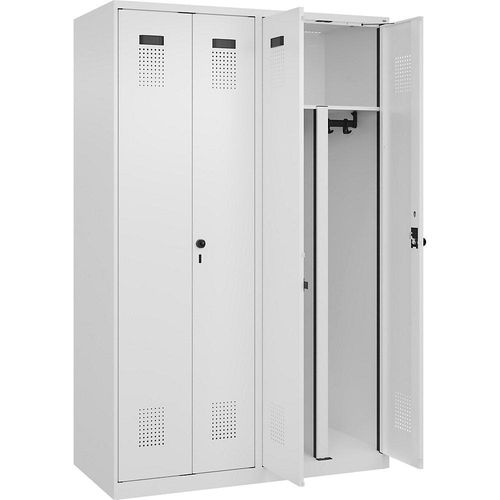 4067521948255 - Schwarz-Weiß-Spind Evolo PLUS 2 Abteile Trennwand verkürzt weiß B 1200 mm mit Bodengleitern Sicherheits-Drehriegel kaiserkraft