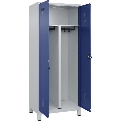 4067521932117 - Schwarz-Weiß-Spind Evolo PLUS 1 Abteil Trennwand verkürzt lichtgrau   enzianblau B 800 mm mit breiten Füßen Sicherheits-Drehriegel kaiserkraft