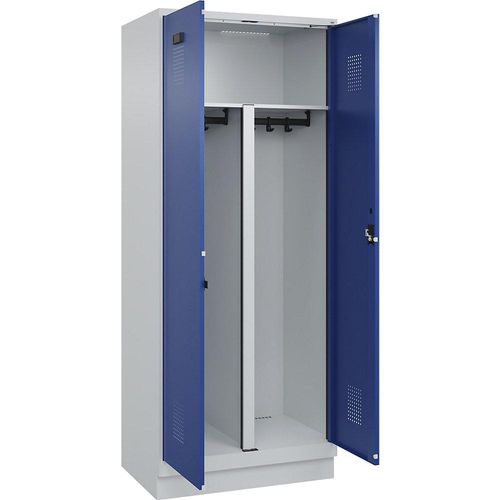 4067521974520 - Schwarz-Weiß-Spind Evolo PLUS 1 Abteil Trennwand verkürzt lichtgrau   enzianblau B 800 mm mit Bodensockel Zylinderschloss kaiserkraft