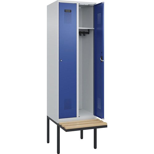 4068192261575 - Spind Evolo PLUS Sitzbank 2 Abteile lichtgrau   enzianblau B 600 mm Zylinderschloss mit auskragender Sitzbank Buche kaiserkraft
