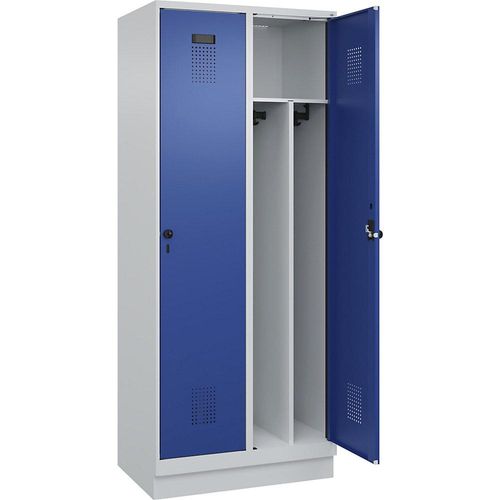 4067521932254 - Schwarz-Weiß-Spind Evolo PLUS schmal 2 Abteile Trennwand verkürzt lichtgrau   enzianblau B 800 mm mit Bodensockel Sicherheits-Drehriegel kaiserkraft