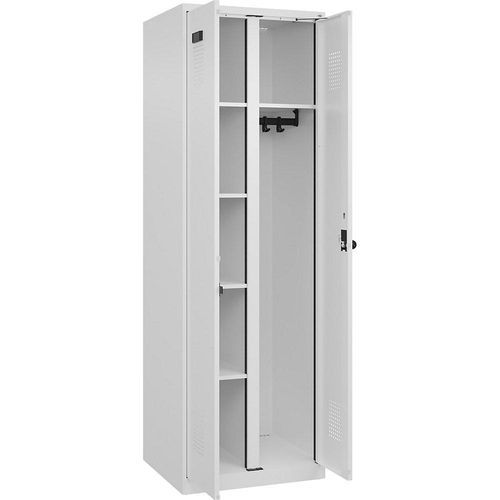 4067521949108 - Putzmittelspind Evolo PLUS 1 Abteil Trennwand mittig weiß B 600 mm mit Bodengleitern Sicherheits-Drehriegel kaiserkraft