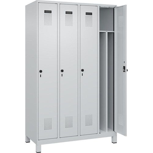 4067521940259 - Schwarz-Weiß-Spind Evolo PLUS schmal 4 Abteile Trennwand verkürzt lichtgrau B 1200 mm mit breiten Füßen Sicherheits-Drehriegel kaiserkraft