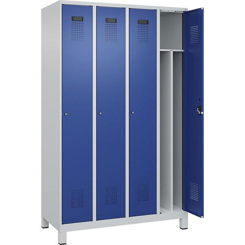 4067521974209 - Schwarz-Weiß-Spind Evolo PLUS schmal 4 Abteile Trennwand verkürzt lichtgrau   enzianblau B 1200 mm mit breiten Füßen Zylinderschloss kaiserkraft