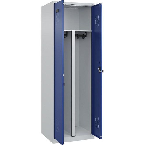 4067521931820 - Schwarz-Weiß-Spind Evolo PLUS 1 Abteil Trennwand verkürzt lichtgrau   enzianblau B 600 mm mit Bodengleitern Sicherheits-Drehriegel kaiserkraft