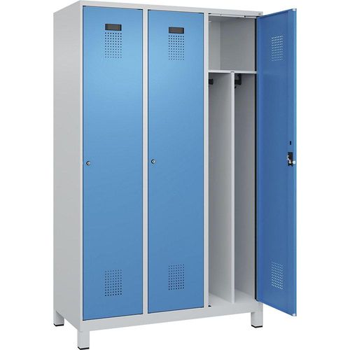 4067521975343 - Schwarz-Weiß-Spind Evolo PLUS schmal 3 Abteile Trennwand verkürzt lichtgrau   lichtblau B 1200 mm mit breiten Füßen Zylinderschloss kaiserkraft