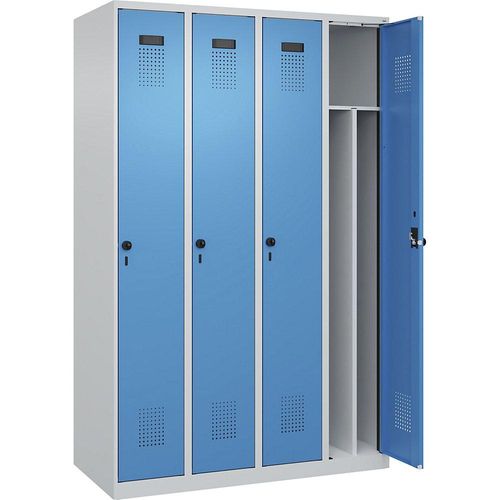 4067521932940 - Schwarz-Weiß-Spind Evolo PLUS schmal 4 Abteile Trennwand verkürzt lichtgrau   lichtblau B 1200 mm mit Bodengleitern Sicherheits-Drehriegel kaiserkraft