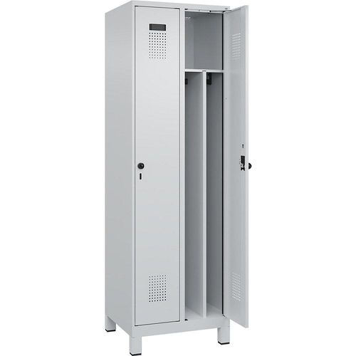 4067521940150 - Schwarz-Weiß-Spind Evolo PLUS schmal 2 Abteile Trennwand verkürzt lichtgrau B 600 mm mit breiten Füßen Sicherheits-Drehriegel kaiserkraft