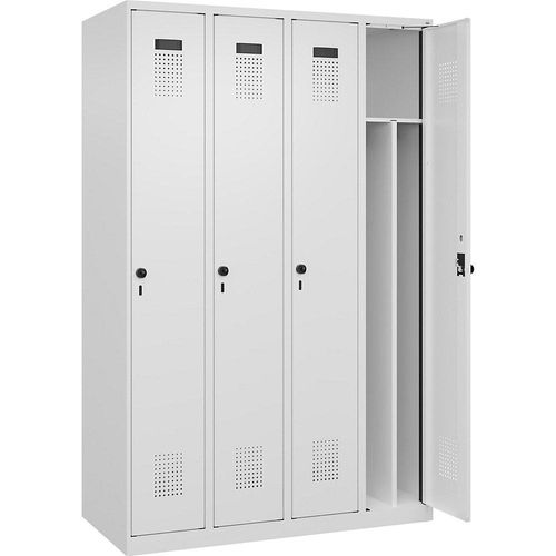 4067521948163 - Schwarz-Weiß-Spind Evolo PLUS schmal 4 Abteile Trennwand verkürzt weiß B 1200 mm mit Bodengleitern Sicherheits-Drehriegel kaiserkraft 4067521948163 - Schwarz-Weiß-Spind Evolo PLUS schmal 4 Abteile Trennwand verkürzt weiß B 1200 mm mit Bodengleitern Sicherheits-Drehriegel kaiserkraft