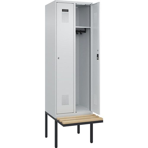4068192282426 - Spind Evolo PLUS Sitzbank 2 Abteile lichtgrau   lichtgrau B 600 mm Zylinderschloss mit auskragender Sitzbank Buche kaiserkraft