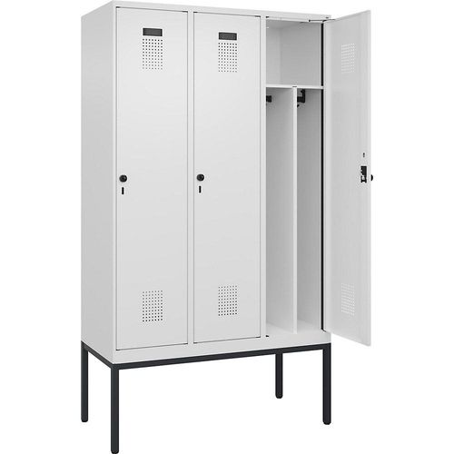 4068192218470 - Schwarz-Weiß-Spind Evolo PLUS schmal 3 Abteile Trennwand verkürzt weiß B 1200 mm mit schmalen Füßen Sicherheits-Drehriegel kaiserkraft 4068192218470 - Schwarz-Weiß-Spind Evolo PLUS schmal 3 Abteile Trennwand verkürzt weiß B 1200 mm mit schmalen Füßen Sicherheits-Drehriegel kaiserkraft