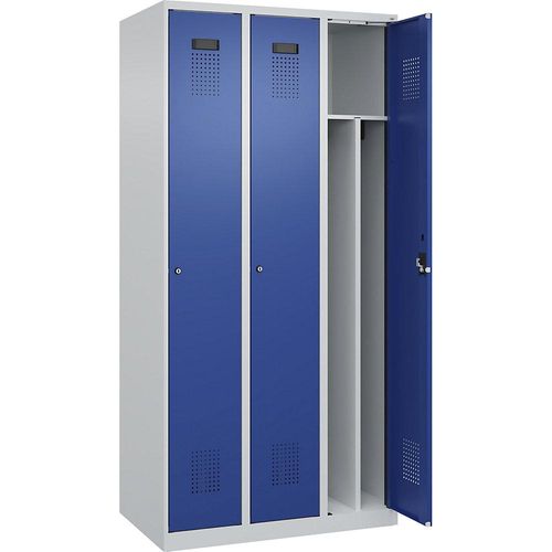 4067521973899 - Schwarz-Weiß-Spind Evolo PLUS schmal 3 Abteile Trennwand verkürzt lichtgrau   enzianblau B 900 mm mit Bodengleitern Zylinderschloss kaiserkraft