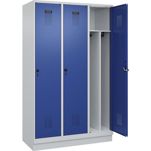 4067521932292 - Schwarz-Weiß-Spind Evolo PLUS schmal 3 Abteile Trennwand verkürzt lichtgrau   enzianblau B 1200 mm mit Bodensockel Sicherheits-Drehriegel kaiserkraft