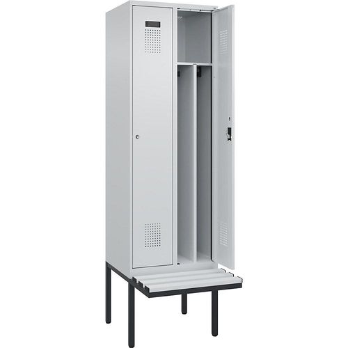 4068192396109 - Schwarz-Weiß-Spind Evolo PLUS Sitzbank schmal 2 Abteile Trennwand verkürzt lichtgrau   lichtgrau B 600 mm Zylinderschloss mit auskragender Sitzbank Kunststoff kaiserkraft