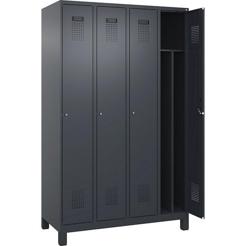 4067521991800 - Schwarz-Weiß-Spind Evolo PLUS schmal 4 Abteile Trennwand verkürzt grau B 1200 mm mit breiten Füßen Zylinderschloss kaiserkraft