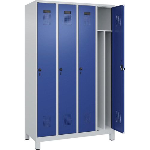 4067521932056 - Schwarz-Weiß-Spind Evolo PLUS schmal 4 Abteile Trennwand verkürzt lichtgrau   enzianblau B 1200 mm mit breiten Füßen Sicherheits-Drehriegel kaiserkraft