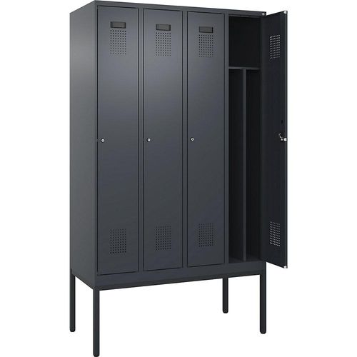 4068192286561 - Schwarz-Weiß-Spind Evolo PLUS schmal 4 Abteile Trennwand verkürzt grau B 1200 mm mit schmalen Füßen Zylinderschloss kaiserkraft