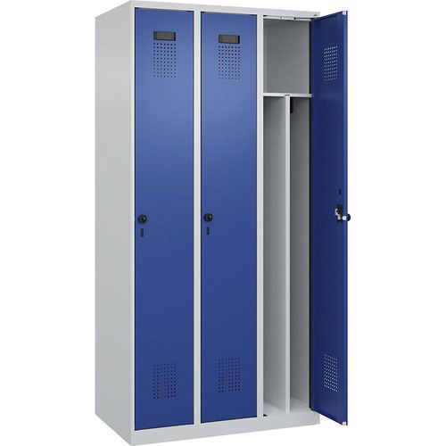 4067521931752 - Schwarz-Weiß-Spind Evolo PLUS schmal 3 Abteile Trennwand verkürzt lichtgrau enzianblau B 900 mm mit Bodengleitern Sicherheits-Drehriegel kaiserkraft 4067521931752 - Schwarz-Weiß-Spind Evolo PLUS schmal 3 Abteile Trennwand verkürzt lichtgrau enzianblau B 900 mm mit Bodengleitern Sicherheits-Drehriegel kaiserkraft