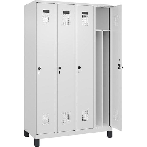 4067521948422 - Schwarz-Weiß-Spind Evolo PLUS schmal 4 Abteile Trennwand verkürzt weiß B 1200 mm mit breiten Füßen Sicherheits-Drehriegel kaiserkraft 4067521948422 - Schwarz-Weiß-Spind Evolo PLUS schmal 4 Abteile Trennwand verkürzt weiß B 1200 mm mit breiten Füßen Sicherheits-Drehriegel kaiserkraft