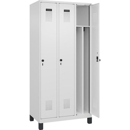 4067521948385 - Schwarz-Weiß-Spind Evolo PLUS schmal 3 Abteile Trennwand verkürzt weiß B 900 mm mit breiten Füßen Sicherheits-Drehriegel kaiserkraft 4067521948385 - Schwarz-Weiß-Spind Evolo PLUS schmal 3 Abteile Trennwand verkürzt weiß B 900 mm mit breiten Füßen Sicherheits-Drehriegel kaiserkraft