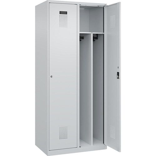 4067521988893 - Schwarz-Weiß-Spind Evolo PLUS schmal 2 Abteile Trennwand verkürzt lichtgrau B 800 mm mit Bodengleitern Zylinderschloss kaiserkraft