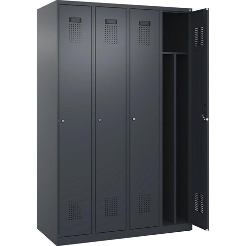 4067521989463 - Schwarz-Weiß-Spind Evolo PLUS schmal 4 Abteile Trennwand verkürzt grau B 1200 mm mit Bodengleitern Zylinderschloss kaiserkraft 4067521989463 - Schwarz-Weiß-Spind Evolo PLUS schmal 4 Abteile Trennwand verkürzt grau B 1200 mm mit Bodengleitern Zylinderschloss kaiserkraft