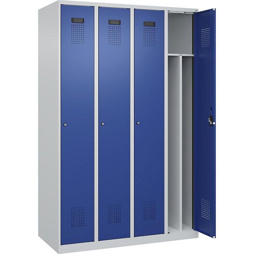 4067521973936 - Schwarz-Weiß-Spind Evolo PLUS schmal 4 Abteile Trennwand verkürzt lichtgrau enzianblau B 1200 mm mit Bodengleitern Zylinderschloss kaiserkraft 4067521973936 - Schwarz-Weiß-Spind Evolo PLUS schmal 4 Abteile Trennwand verkürzt lichtgrau enzianblau B 1200 mm mit Bodengleitern Zylinderschloss kaiserkraft