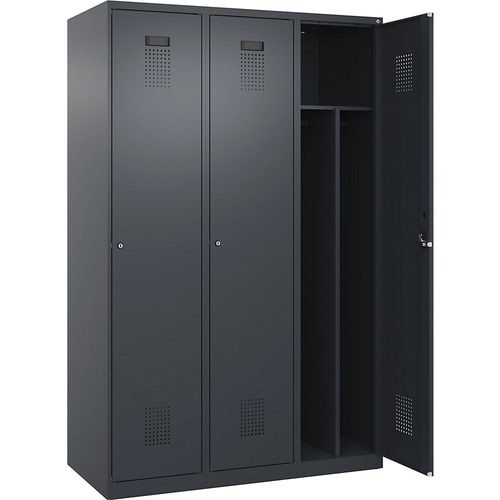 4067521989289 - Schwarz-Weiß-Spind Evolo PLUS schmal 3 Abteile Trennwand verkürzt grau B 1200 mm mit Bodengleitern Zylinderschloss kaiserkraft