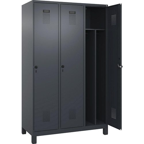 4067521943762 - Schwarz-Weiß-Spind Evolo PLUS schmal 3 Abteile Trennwand verkürzt grau B 1200 mm mit breiten Füßen Sicherheits-Drehriegel kaiserkraft