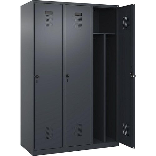 4067521943489 - Schwarz-Weiß-Spind Evolo PLUS schmal 3 Abteile Trennwand verkürzt grau B 1200 mm mit Bodengleitern Sicherheits-Drehriegel kaiserkraft