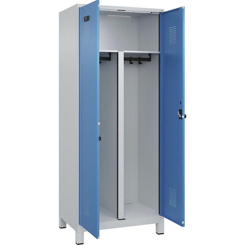 4067521933275 - Schwarz-Weiß-Spind Evolo PLUS 1 Abteil Trennwand verkürzt lichtgrau   lichtblau B 800 mm mit breiten Füßen Sicherheits-Drehriegel kaiserkraft